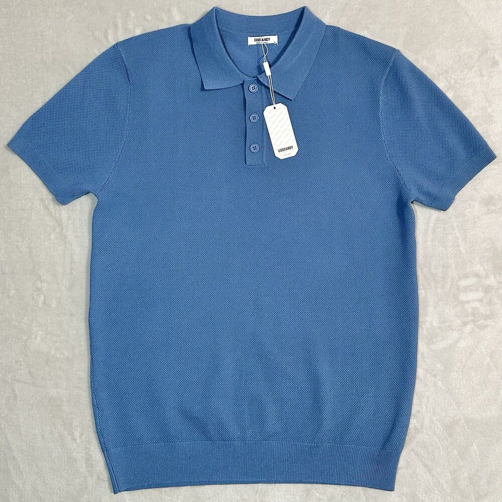 NWT COOFANDY Waffle Knit Polo Shirt Short Sleeve Men's Size M Blue Collared